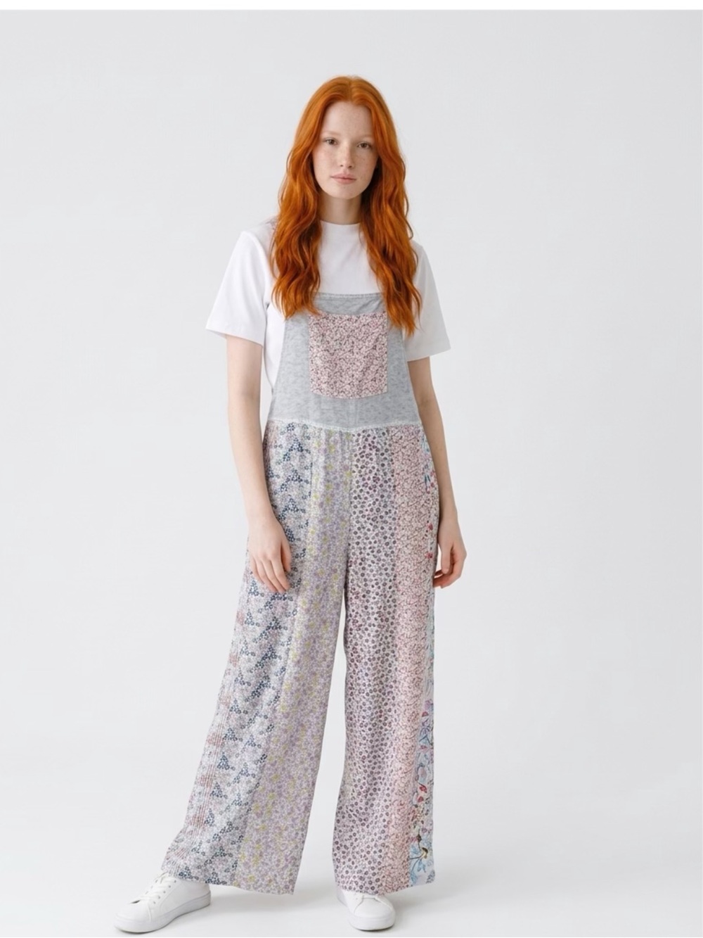 Blue Sky Patchwork Floral Wide-Leg Bib Jumpsuit in Pink, Gray & Blue